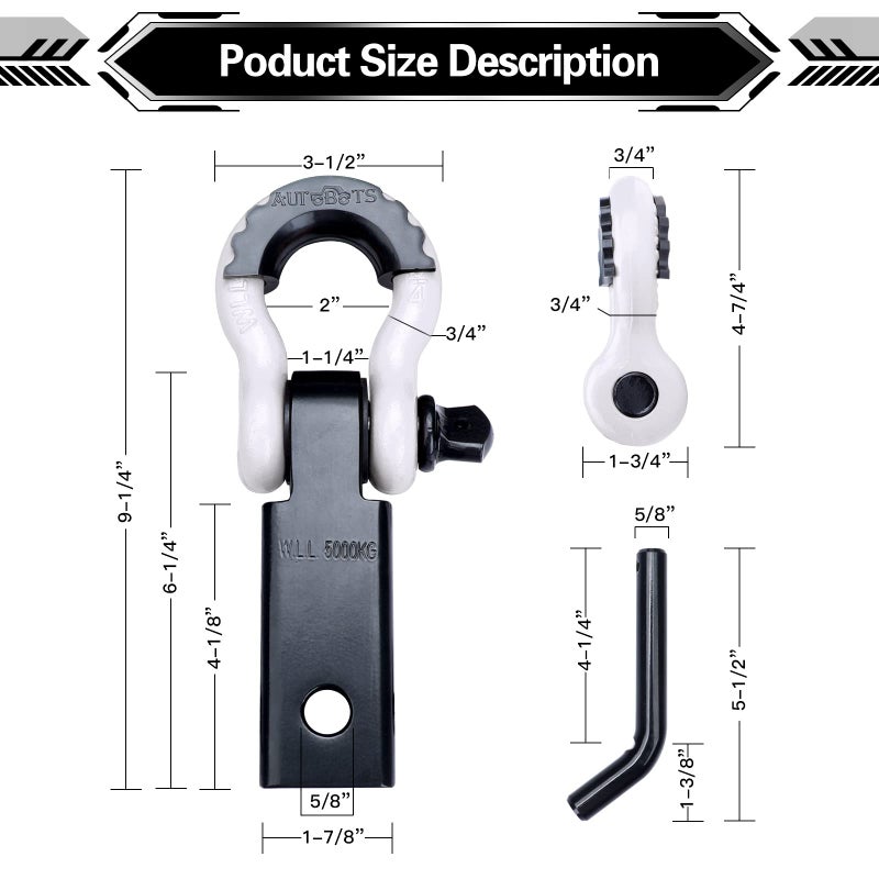 AUTOBOTS Shackle Hitch Receiver 2", 45,000 Lbs Break Strength Heavy Duty Receiver with 5/8" Screw Pin, 3/4" D Ring Shackles, Towing Accessories for Vehicle Recovery Off-Road, White&Black - Image 3